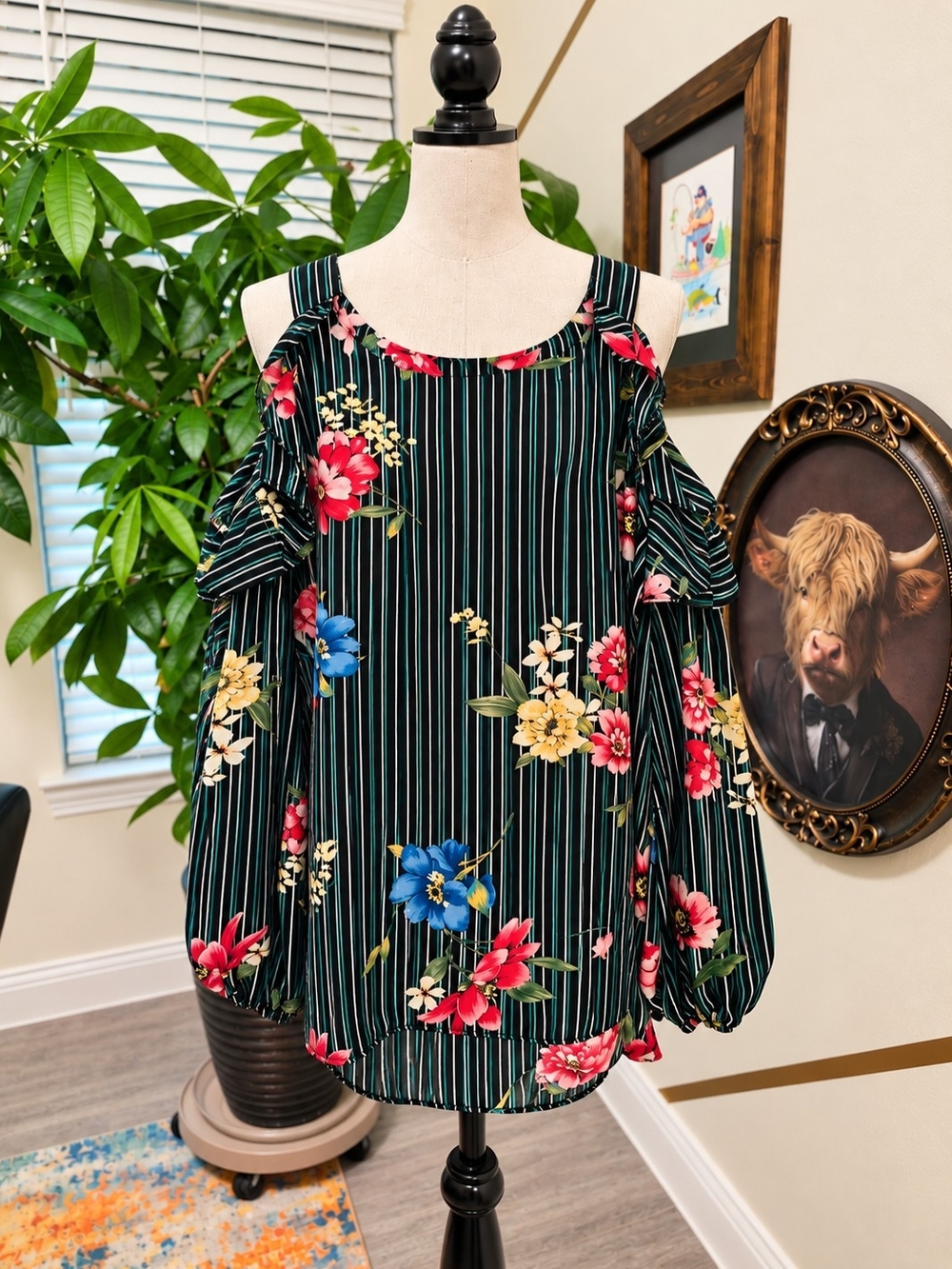Umgee Black Striped Cold-Shoulder Blouse with Floral Print